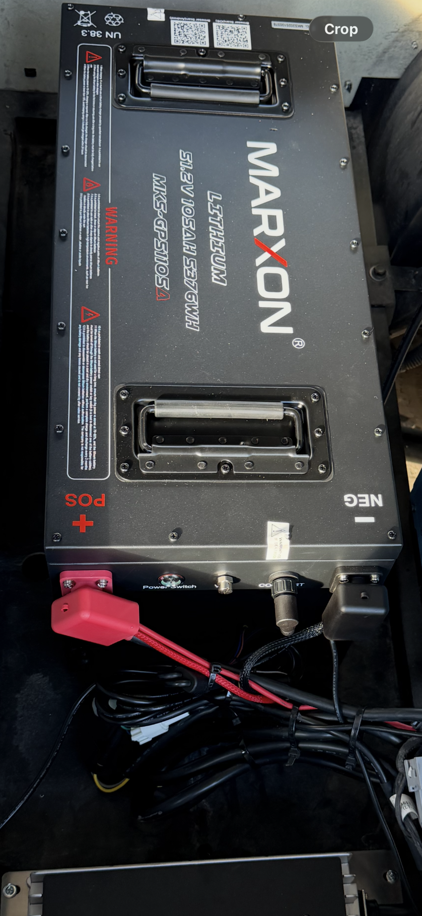 After upgrade: Marxon lithium battery closeup - 51.2V 105Ah lithium golf cart battery Miami